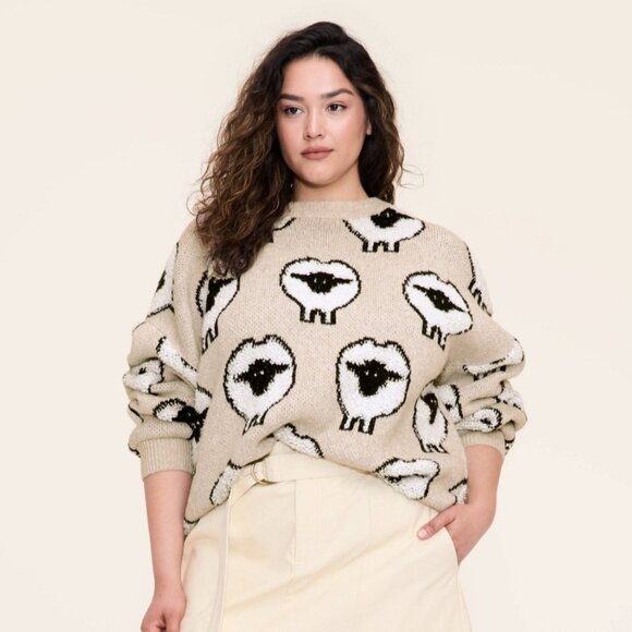 Sheep Print Pullover Sweater Adult Unisex- Woolrich x Taupe XXL - Picture 3 of 7